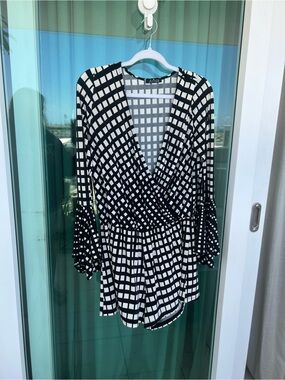 Ariella Black & White Grid Wrap-Style Blouse